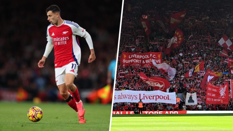 Gabriel Martinelli in action for Arsenal, split image, a packed Anfield stadium