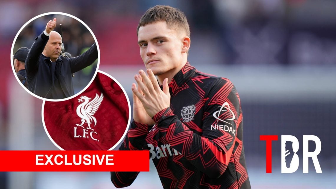 Bayer Leverkusen midfielder Florian Wirtz with insets of Liverpool badge and manager Arne Slot