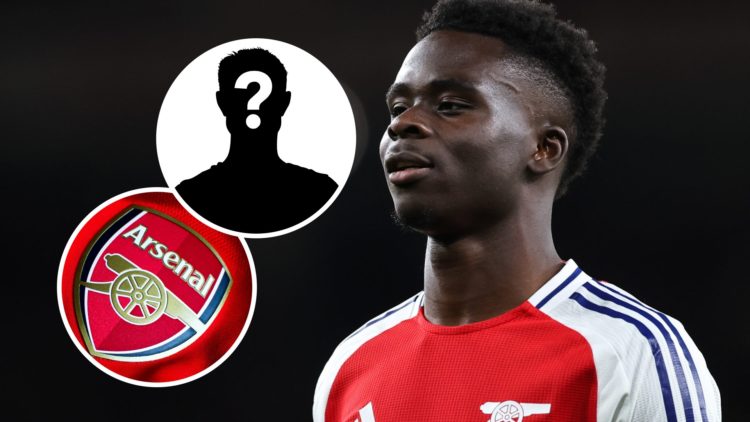 Bukayo Saka with insets of Arsenal badge and mystery silhouette