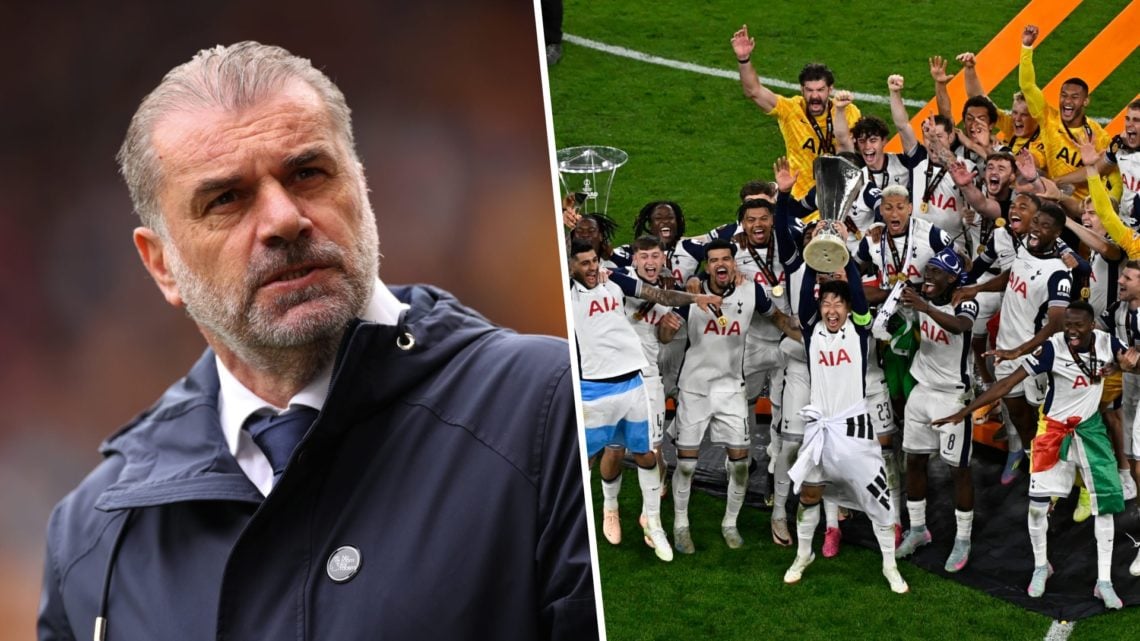 A split image of Ange Postecoglou and the Tottenham squad