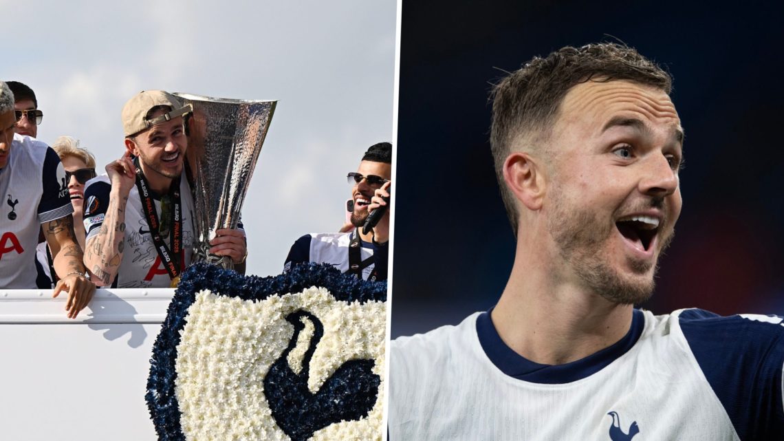 Split image of James Maddison holding the Europa League trophy during parade and James Maddison in action vs Man City earlier in the season