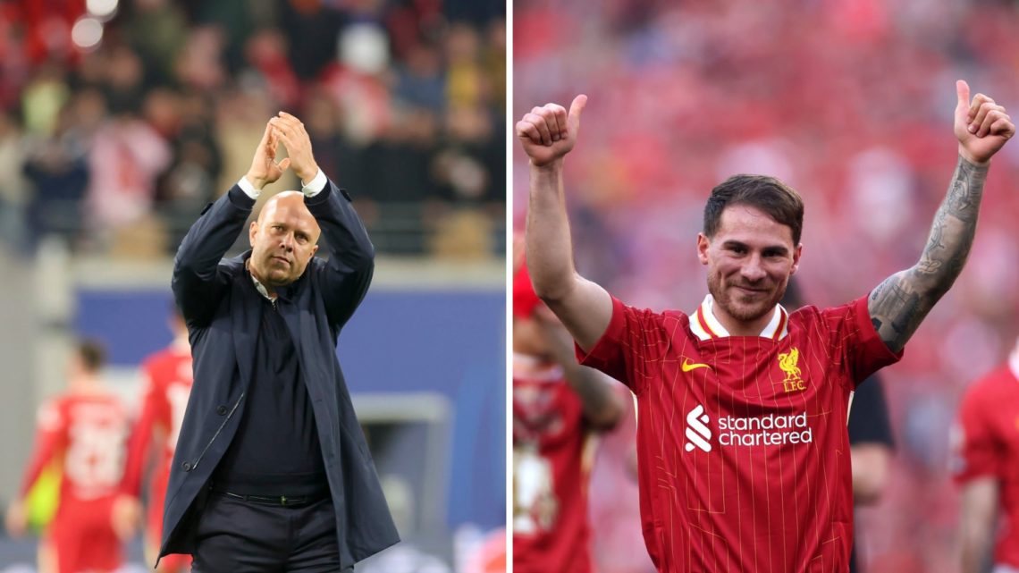 Split image of Arne Slot applauding the fans and Alexis Mac Allister celebrating