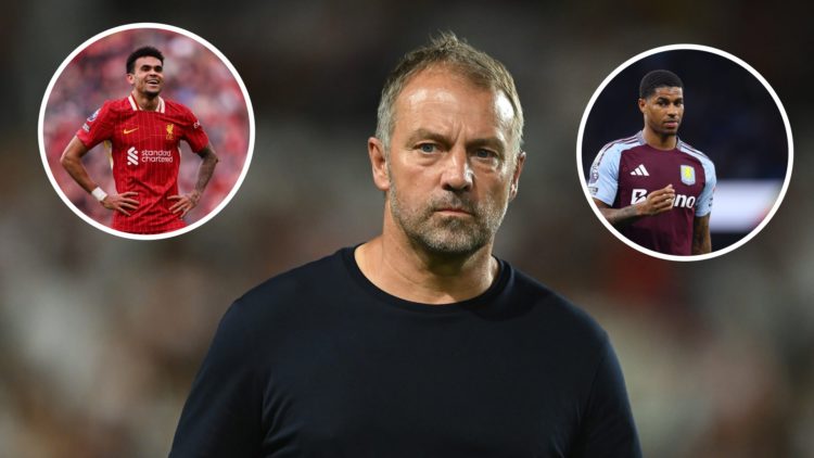 Barcelona manager Hansi Flick looks on, inset of Luis Diaz in action for Liverpool and Marcus Rashford in action for Aston Villa