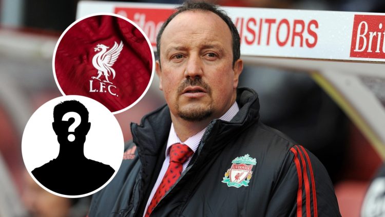 Rafa Benitez with insets of Liverpool badge and mystery silhouette