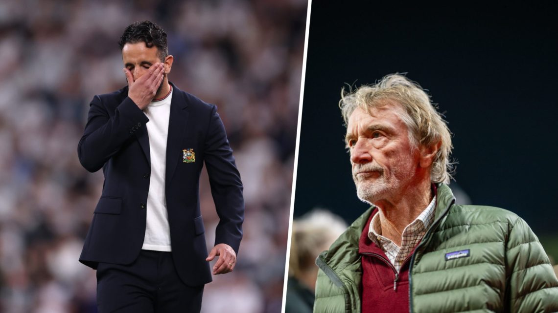 Split image of a dejected Ruben Amorim after Europa League defeat and Sir Jim Ratcliffe looking on