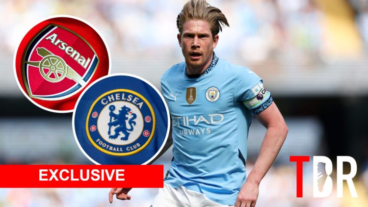 Kevin De Bruyne with insets of Arsenal and Chelsea badges