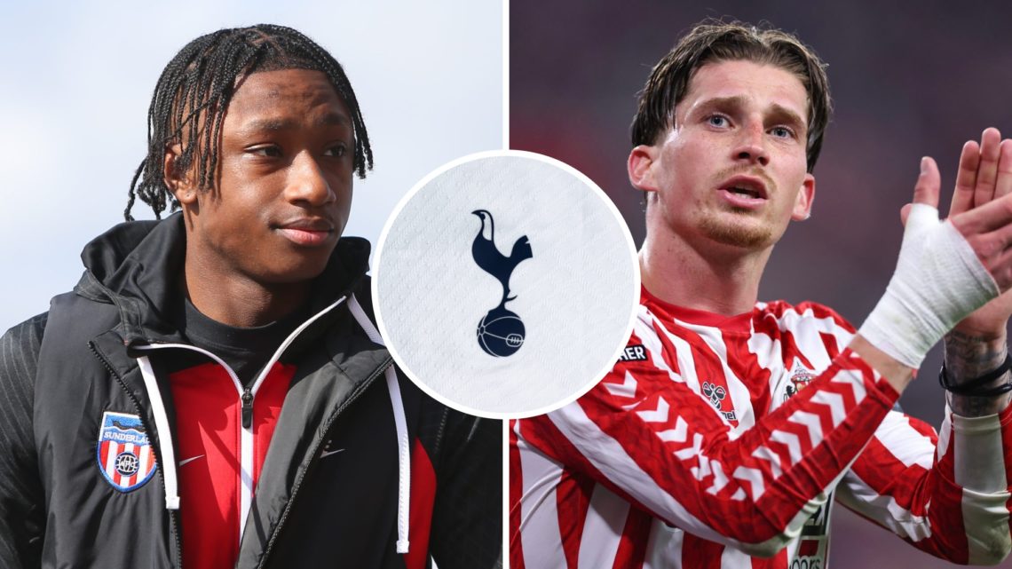 Split image of Sunderland duo Romaine Mundle and Dennis Cirkin with inset of Tottenham badge