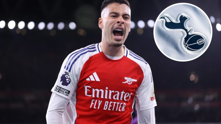 Gabriel Martinelli celebrating his goal, inset, close up of Tottenham badge