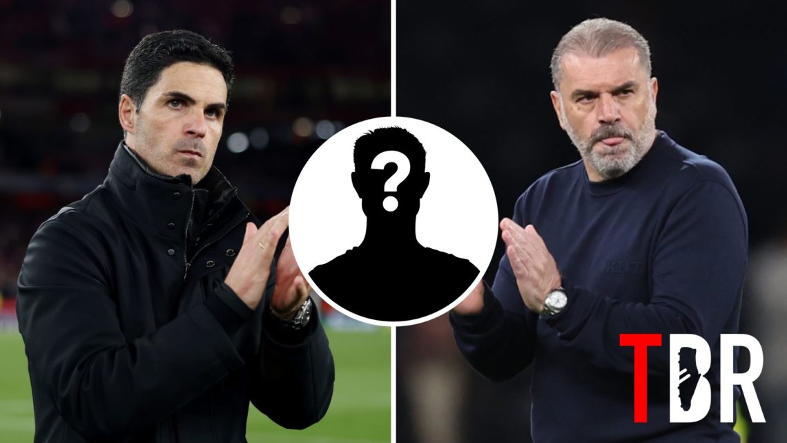 Split image of Arsenal manager Mikel Arteta (L) and Tottenham Hotspur manager Ange Postecoglou (R). Inset of mystery player.