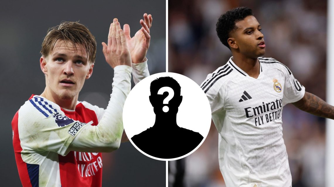 Martin Odegaard applauds Arsenal fans. Split with Rodrygo Goes celebrating at Real Madrid.