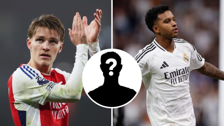 Martin Odegaard applauds Arsenal fans. Split with Rodrygo Goes celebrating at Real Madrid.