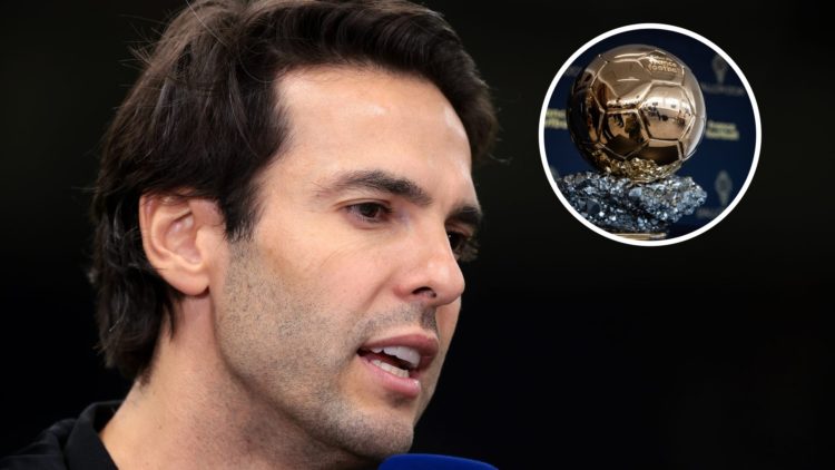 Image of Ricardo Kaka speaking as a pundit ahead of Liverpool vs AC Milan, overlay, Ballon d'Or trophy