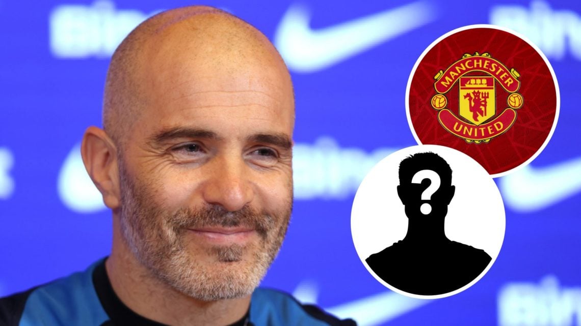 Chelsea manager Enzo Maresca. Inset of Manchester United badge and mystery player.