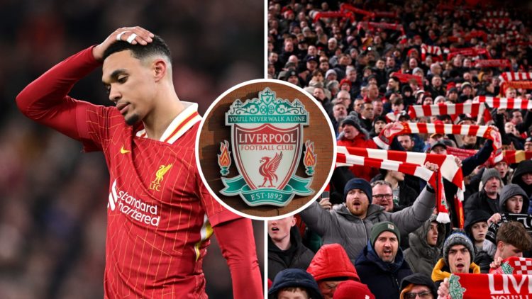 Split image of Trent Alexander-Arnold next to Liverpool fans at Anfield, Liverpool badge inset