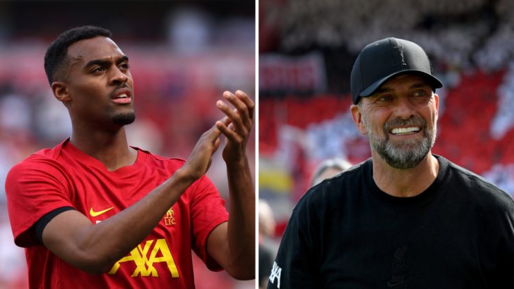 Split image of Ryan Gravenberch applauding Liverpool fans and Jurgen Klopp during his final game for Liverpool