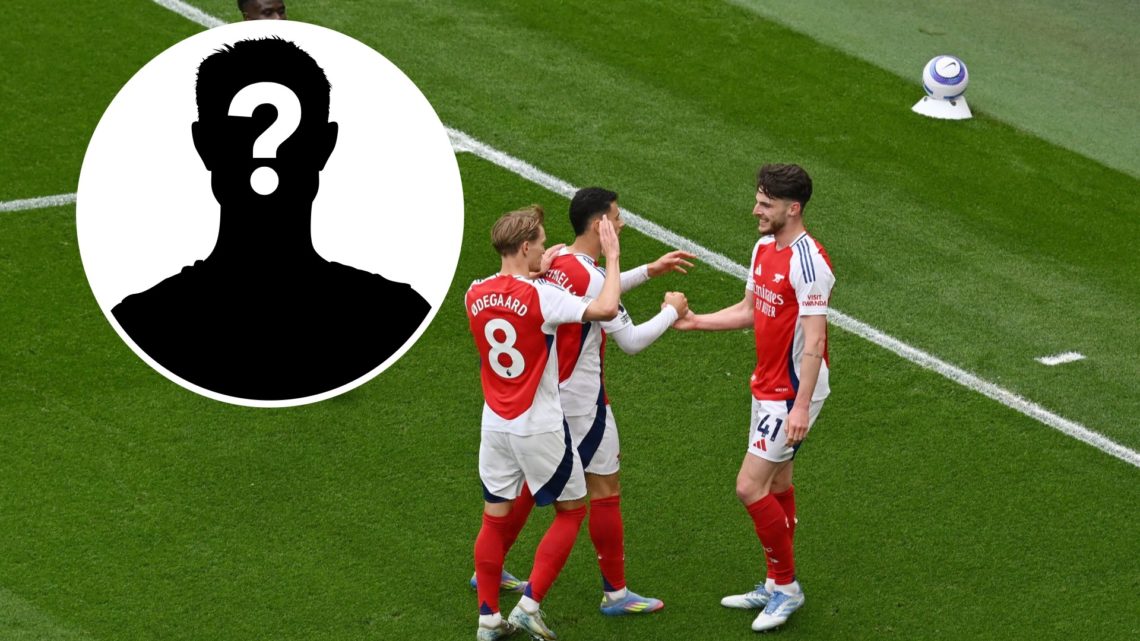 Image of Arsenal players celebrating after Declan Rice scored against Bournemouth, mystery figure inset