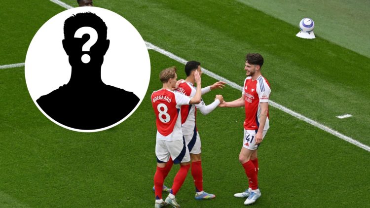 Image of Arsenal players celebrating after Declan Rice scored against Bournemouth, mystery figure inset