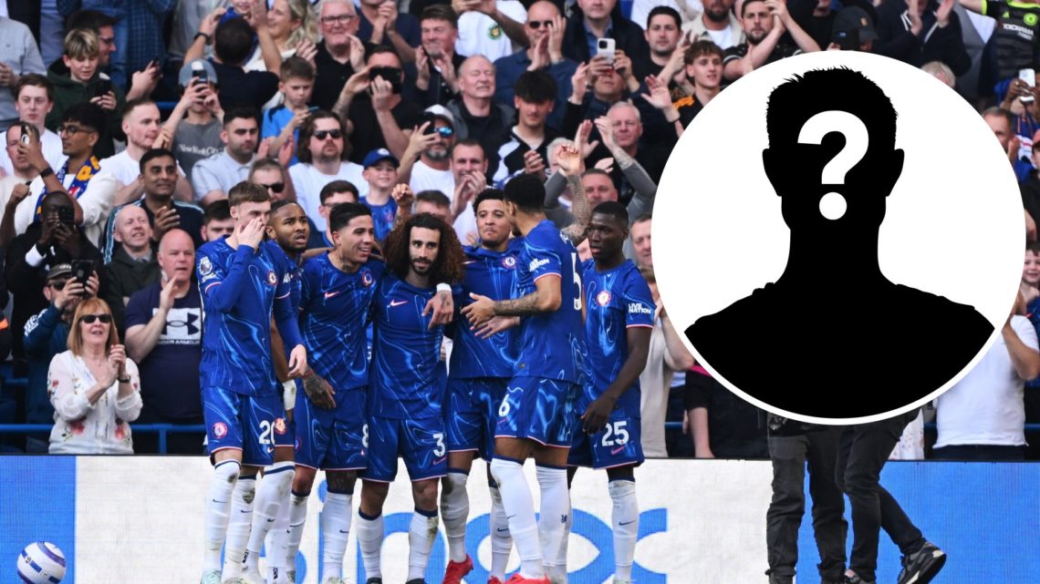 Image of Chelsea players celebrating at Stamford Bridge, mystery figure inset