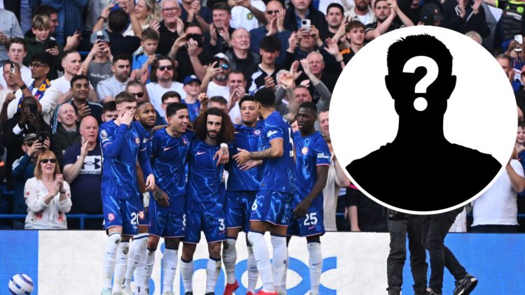Image of Chelsea players celebrating at Stamford Bridge, mystery figure inset
