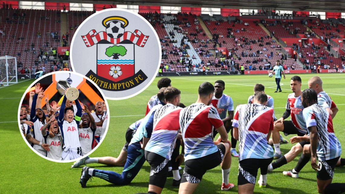 Arsenal players warming up ahead of Southampton match. Inset of Tottenham winning Europa League and Southampton badge.