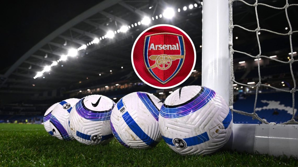 Image of Premier League balls at Brighton's Amex Stadium, Arsenal badge inset
