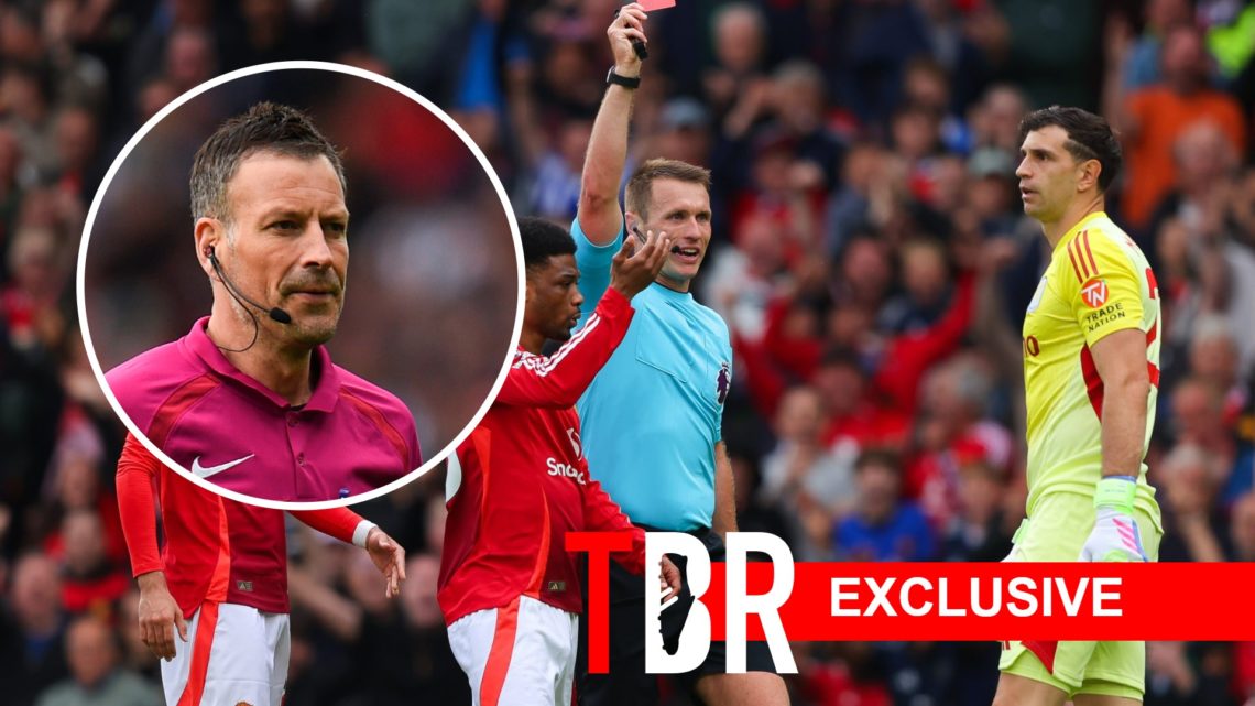 Emiliano Martinez gets sent off during Aston Villa vs Manchester United in the Premier League. Inset, Mark Clattenburg.
