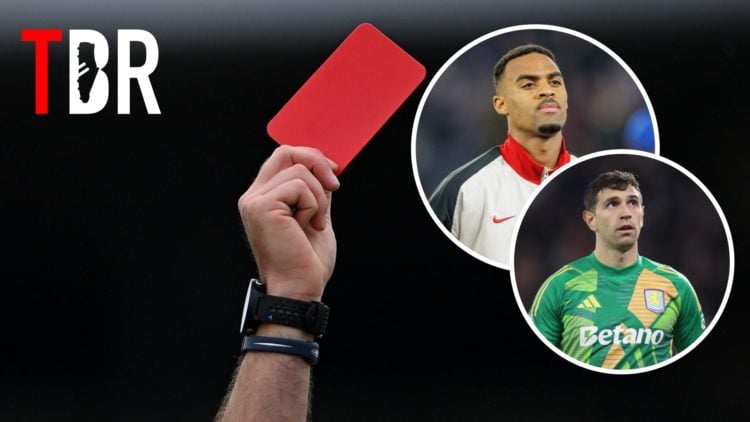 Image of a referee giving a red card in football with Ryan Gravenberch and Emiliano Martinez insets