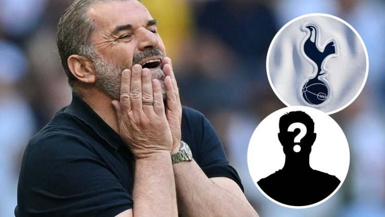 Tottenham Hotspur manager Ange Postecoglou. Inset of Spurs badge and mystery player.