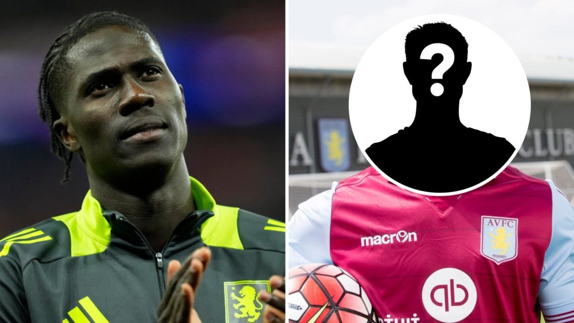Amadou Onana (left) of Aston Villa claps fans, Adama Traore (right) signs for Aston Villa with a mystery overlay on his face