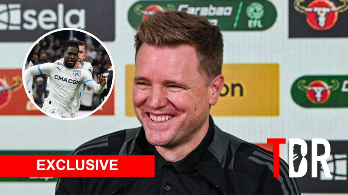 Newcastle United manager Eddie Howe with inset of Marseille winger Jonathan Rowe