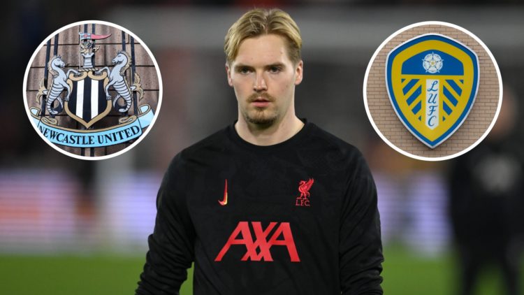 Image of Caoimhin Kelleher in training for Liverpool, with overlay of Newcastle logo, and overlay of Leeds logo