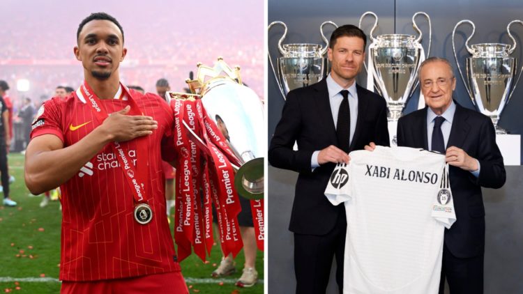 Trent Alexander-Arnold of Liverpool celebrates with the Premier League (left), Xabi Alonso unveiled as new Real Madrid manager (right)