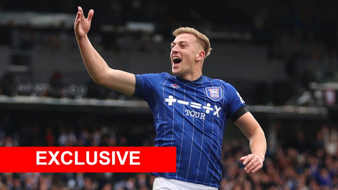 Liam Delap celebrating after scoring goal for Ipswich Town