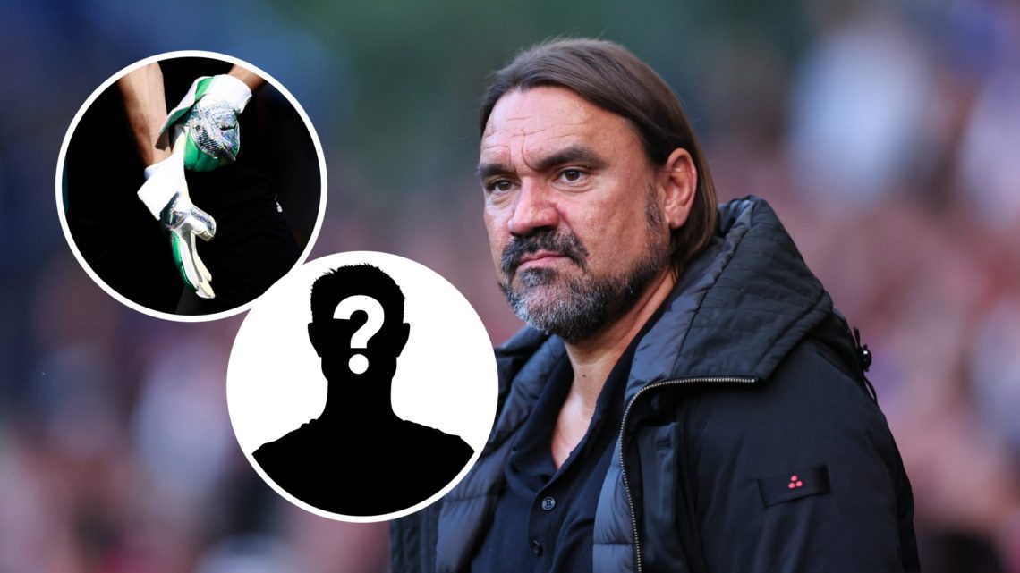 Leeds United manager Daniel Farke with insets of goalkeeper gloves and a mystery silhouette