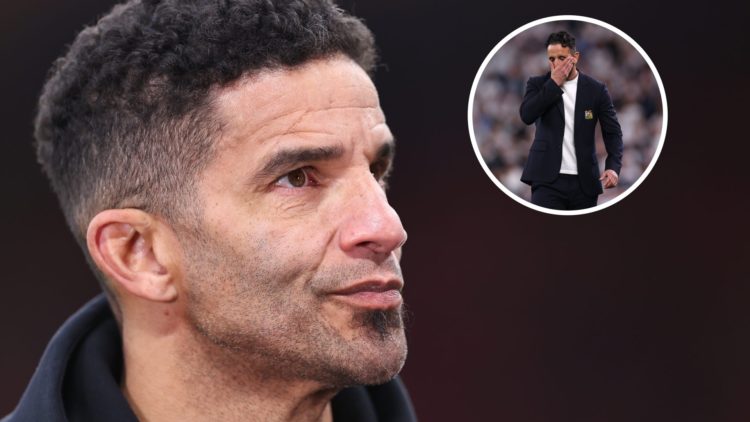 Image of David James looks on during Liverpool vs Fulham with overlay of a dejected Ruben Amorim