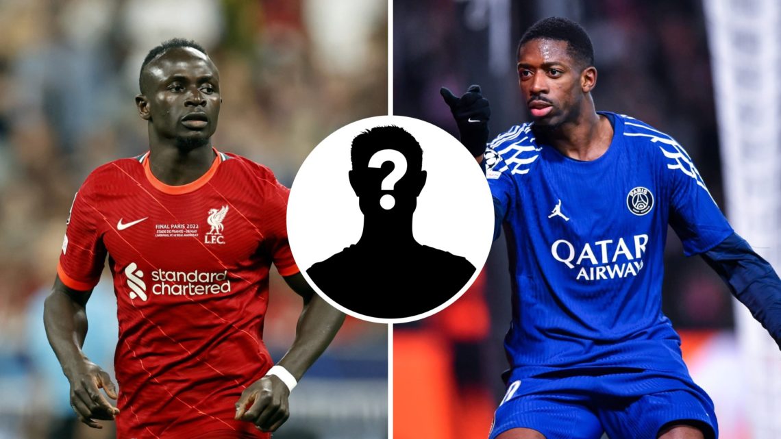 Split image of Liverpool legend Sadio Mane and PSG star Ousmane Dembele with inset of mystery silhouette