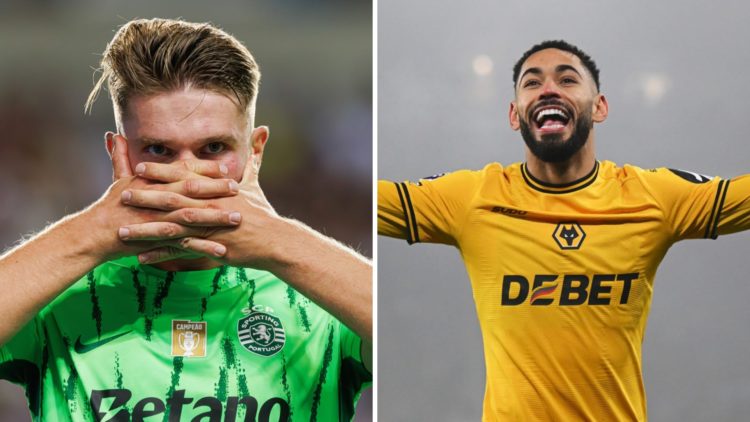 Split image of (L) Viktor Gyokeres and (R) Matheus Cunha both celebrating after scoring for Sporting CP and Wolves respectively