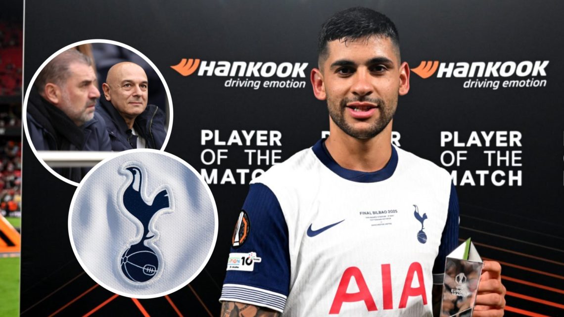 Tottenham Hotspur defender Cristian Romero. Inset of Ange Postecoglou and Daniel Levy at Tottenham Hotspur Stadium and Tottenham badge.