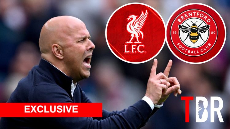 Liverpool manager Arne Slot. Inset of Liverpool badge and Brentford badge.