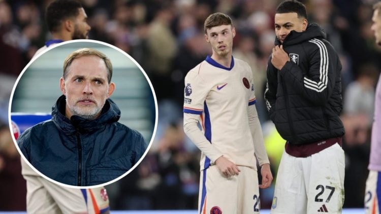 Chelsea players talk to Morgan Rogers after a Premier League match. Inset, Thomas Tuchel.