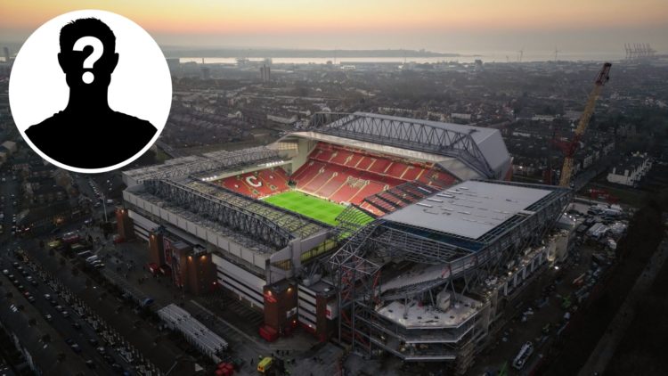 Aerial view of Anfield in Liverpool, mystery figure inset
