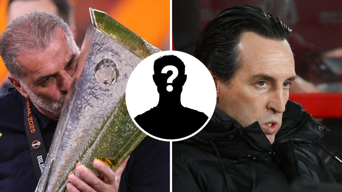 Split image of Tottenham Hotspur manager Ange Postecoglou with the Europa League trophy (L) and Aston Villa manager Unai Emery (R).