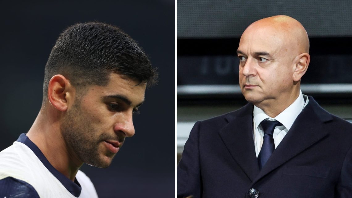 Split image of (L) Cristian Romero in action and (R) Daniel Levy looking on during a Tottenham game