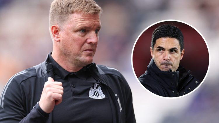 Eddie Howe during a Newcastle match. Inset, Mikel Arteta at Arsenal.
