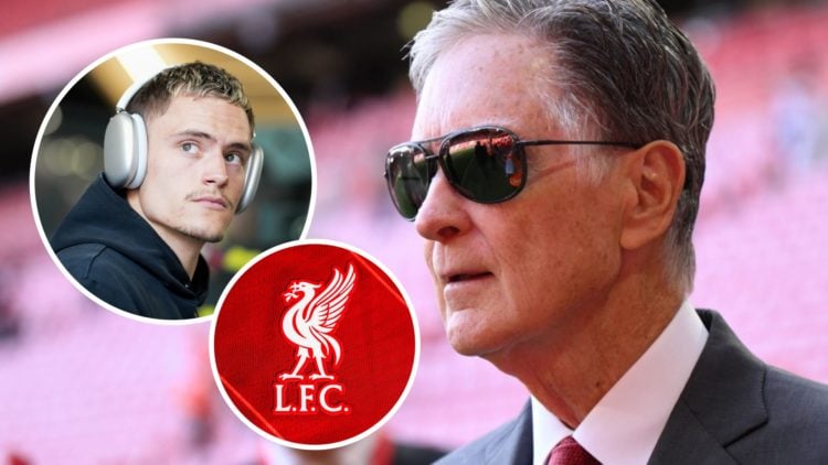 John Henry during a Liverpool match in the Premier League. Inset, Florian Wirtz at Bayer Leverkusen and a Liverpool badge.