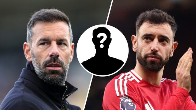 Ruud van Nistelrooy split with Bruno Fernandes at Manchester United, both during Premier League matches.