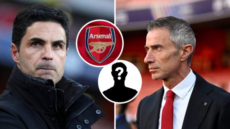 Split image of Mikel Arteta and Andrea Berta with Arsenal badge and mystery figure inset