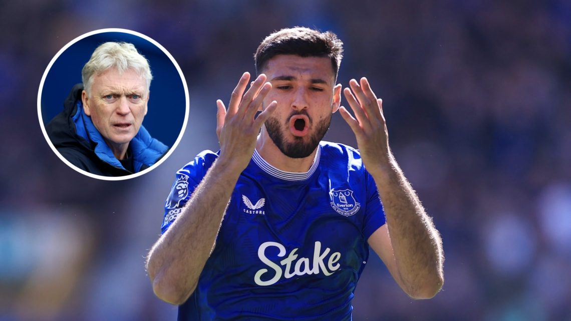 Chelsea striker and Everton on-loan player Armando Broja with inset of Toffees manager David Moyes