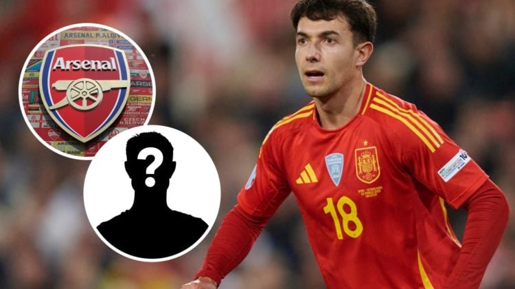 Spain midfielder Martin Zubimendi. Inset of Arsenal badge and mystery player.
