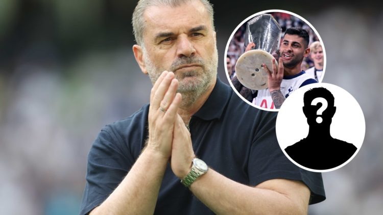 Image of Ange Postecoglou managing Tottenham with Cristian Romero and mystery figure inset